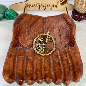 Yellow Tiger’s Eye Wrapped Copper Wire Moon Pendant 2.25”